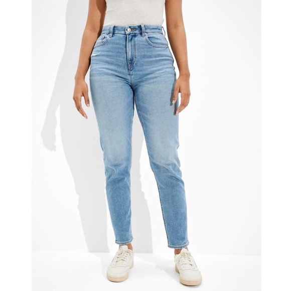 American Eagle Mom Jeans Sz 2 Medium Wash Solid Stretch High Rise - Picture 1 of 12